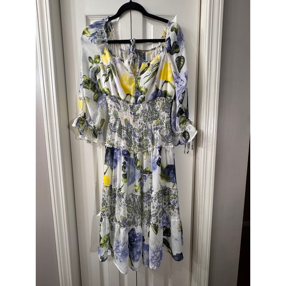 Figueroa & Flower Floral Lemon Smocked Waist Tiered Midi Dress Blue Yellow Small